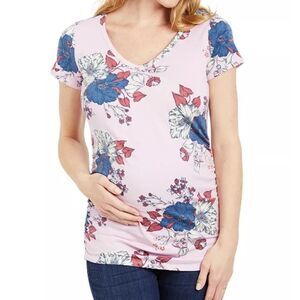 Motherhood Maternity Pink Floral Ruched Sides V Neck T-Shirt sz Medium